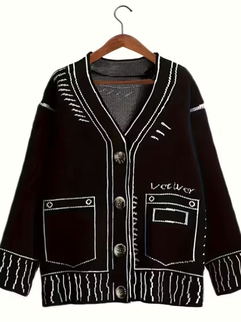 Women’s Black White Contrast Graphic Knit Cardigan XL Oversized NWOT